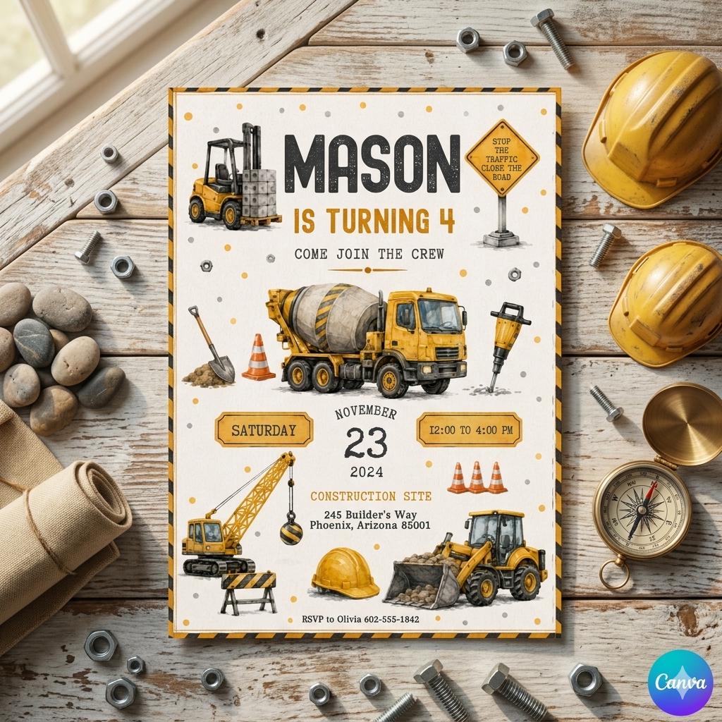Construction Birthday Invitation: Editable Canva Template (Digital Download)