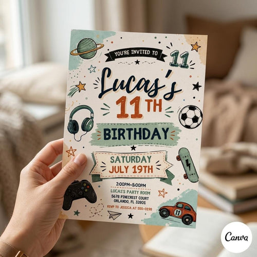 Boy Birthday Invitation, Editable Canva Boy Birthday Invitation, Teenager Birthday Invite, 11th Birthday Invitation, Canva Template