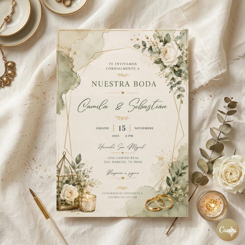 nvitación para Boda en Español para Editar, Elegant White Floral Engagement Ring Spanish Wedding Invitation Editable Wedding Canva Template