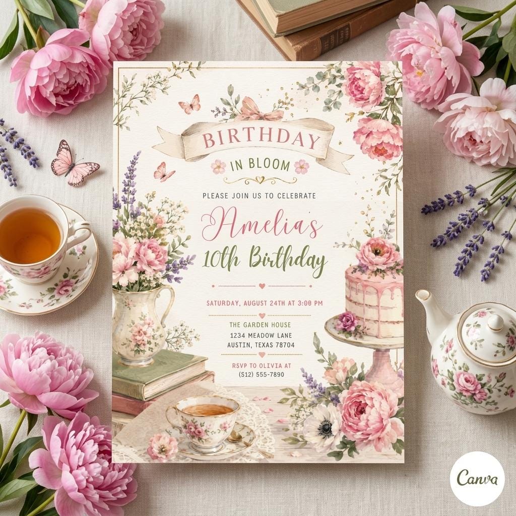 Editable Flower Bloom Invitation, Wildflower Birthday Invitation, Flower Stems, Boho Wildflower Party Printable Invitation Canva Template