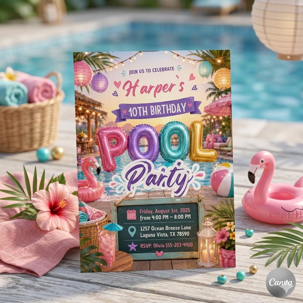 Editable Pool Party Birthday Invitation, Neon Glow Swim Invite for Boys Blue Green, Neon Pool Party Invitation, Editable Canva Template