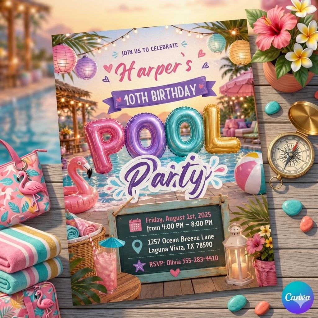 Editable Pool Party Birthday Invitation, Neon Glow Swim Invite for Boys Blue Green, Neon Pool Party Invitation, Editable Canva Template