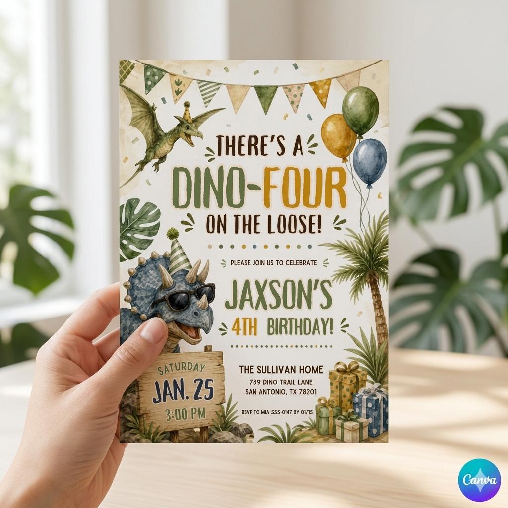 Dino Four Birthday Invitation, Dinosaur 4th Birthday Invite Boy, TRex Birthday Party Invitation, Dino Party Invite Printable, Canva template