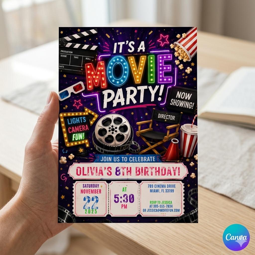 Movie Night Birthday Invitation, Movie Party Invitation, Cinema Invitation, Backyard Movie Night Birthday Birthday Invite, Editable Canva