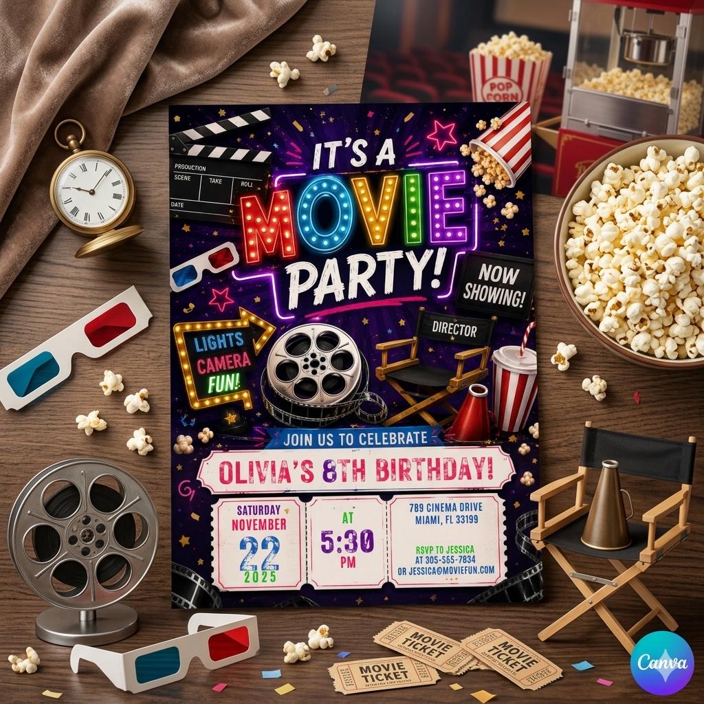 Movie Night Birthday Invitation, Movie Party Invitation, Cinema Invitation, Backyard Movie Night Birthday Birthday Invite, Editable Canva