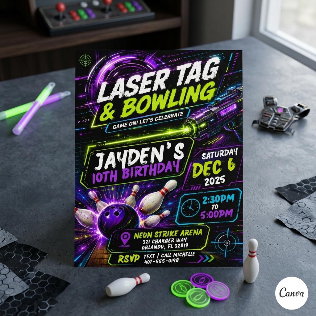 Laser Tag Bowling Birthday Invitation, Neon Laser Tag Invite, Glow Laser Tag Party, Arcade Game Kids, NEON Laser party, Editable Canva