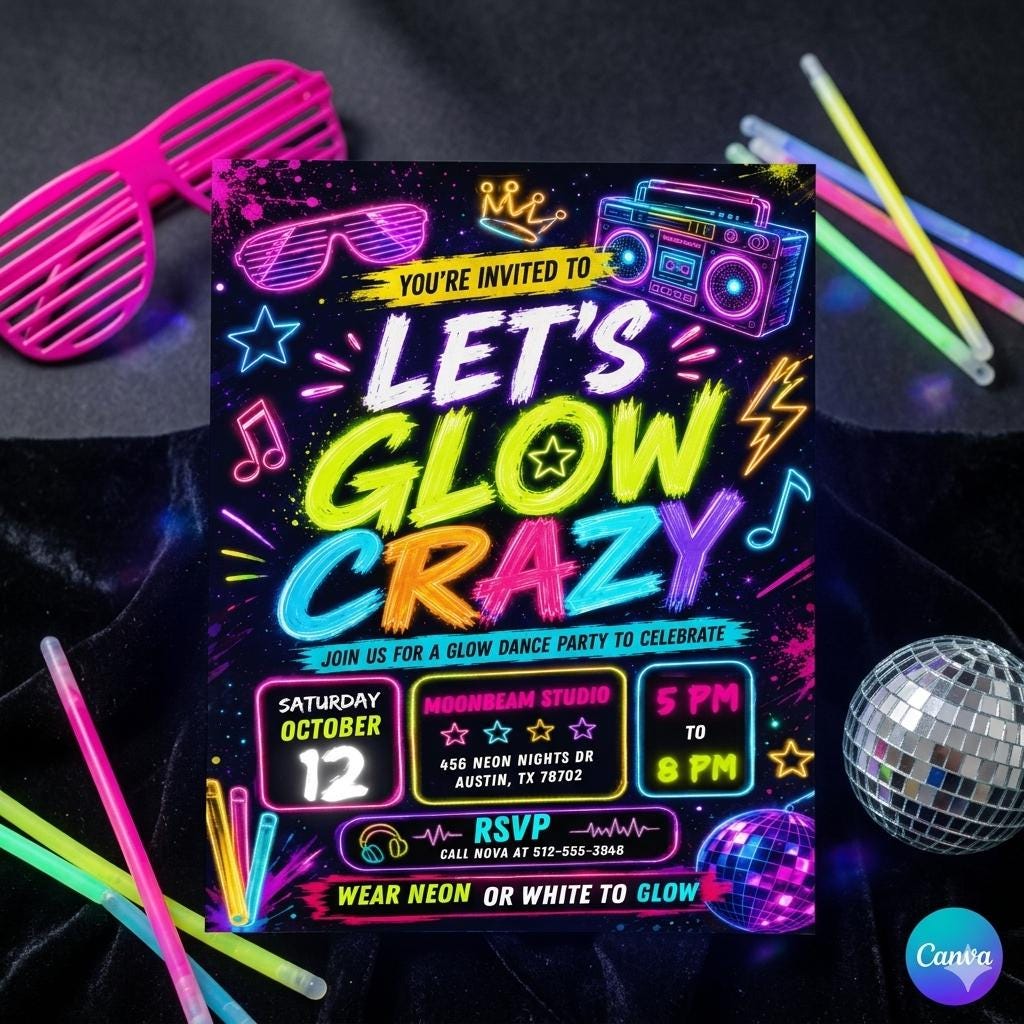 Printable editable Glow Party birthday invitation, Glow Crazy invite, Glow Party template, Neon Party invite digital template, girl birthday