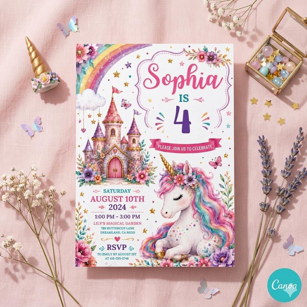 Editable Unicorn Birthday Invitation Magical Pastel Rainbow Unicorn Birthday Party Whimsical Fairytale Unicorn Princess Canva Template