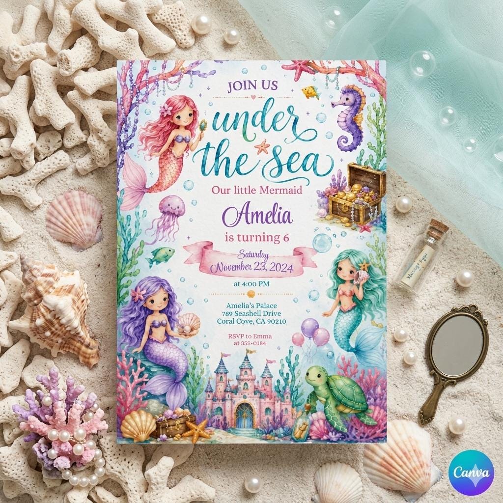 Mermaid Birthday Invitation Girl | Watercolor Mermaid Party Invite | Under the Sea Birthday | Pink Purple Mermaid | Editable Canva Printable