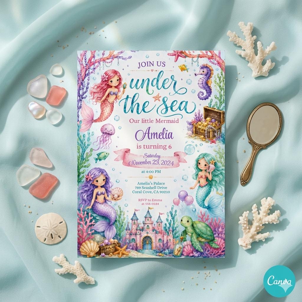 Mermaid Birthday Invitation Girl | Watercolor Mermaid Party Invite | Under the Sea Birthday | Pink Purple Mermaid | Editable Canva Printable