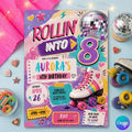 Editable Roller Skating Birthday Invitation, Retro Neon Glow Skate Party Invite, Rolling Into 8 Years Old Template, Editable Canva Template