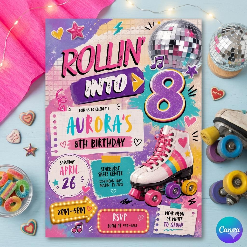 Editable Roller Skating Birthday Invitation, Retro Neon Glow Skate Party Invite, Rolling Into 8 Years Old Template, Editable Canva Template