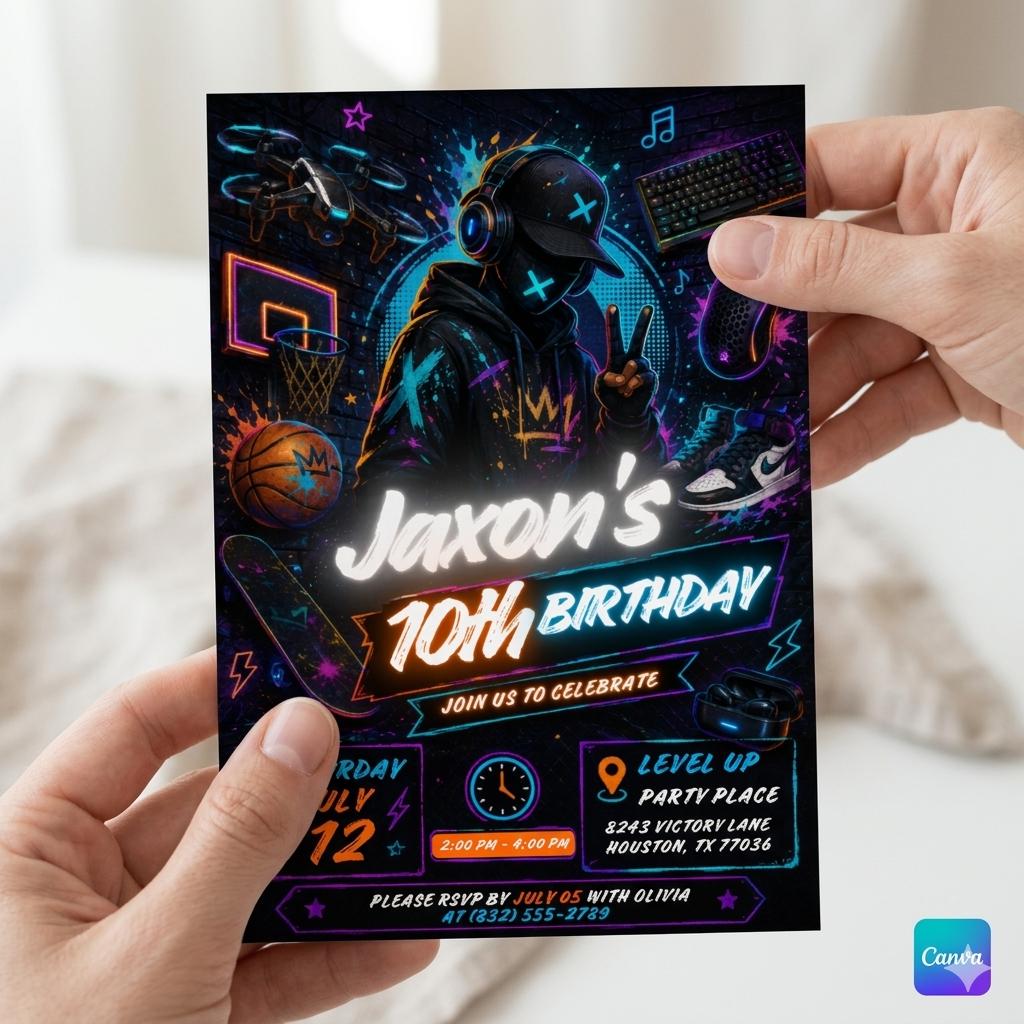 Teen Boy Birthday Party, Gaming invite, Basketball, Pizza & Music Theme, Tween Party Invite, Editable 10th Birthday Invitation, Canva invite