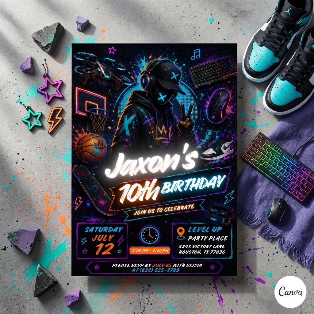 Teen Boy Birthday Party, Gaming invite, Basketball, Pizza & Music Theme, Tween Party Invite, Editable 10th Birthday Invitation, Canva invite