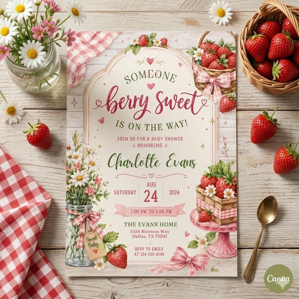 Strawberry Baby Shower Invitation Template, Berry Sweet Baby on the Way Invite, Berry Sweet Invitation, Printable Invite, Canva template