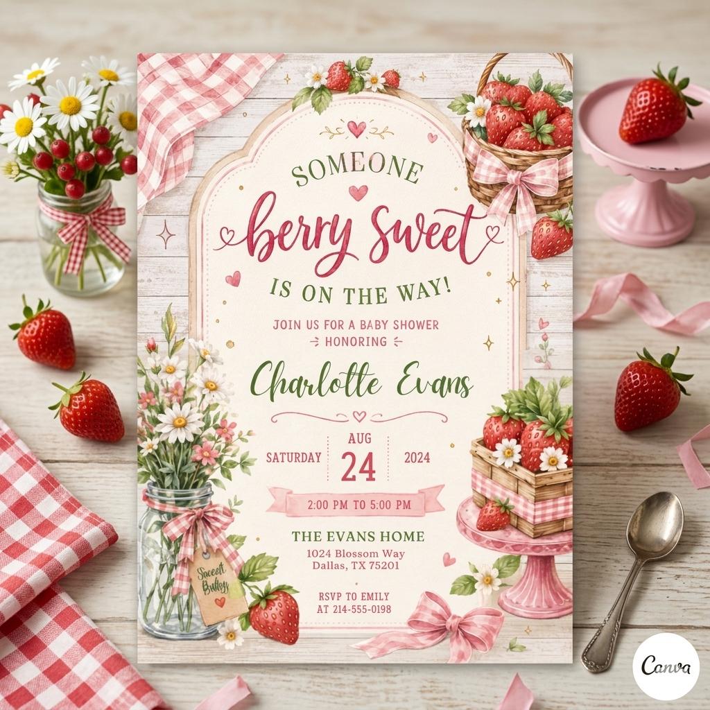 Strawberry Baby Shower Invitation Template, Berry Sweet Baby on the Way Invite, Berry Sweet Invitation, Printable Invite, Canva template