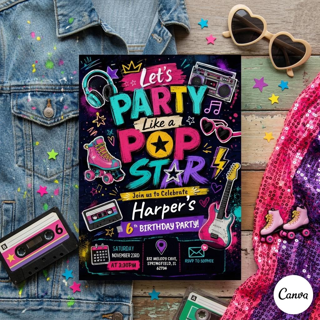 Pop Star Music Birthday Invitation, Pop Star Birthday Party, Neon Glow Party Like A Pop Star Girl Birthday Invite, Editable Canva Template