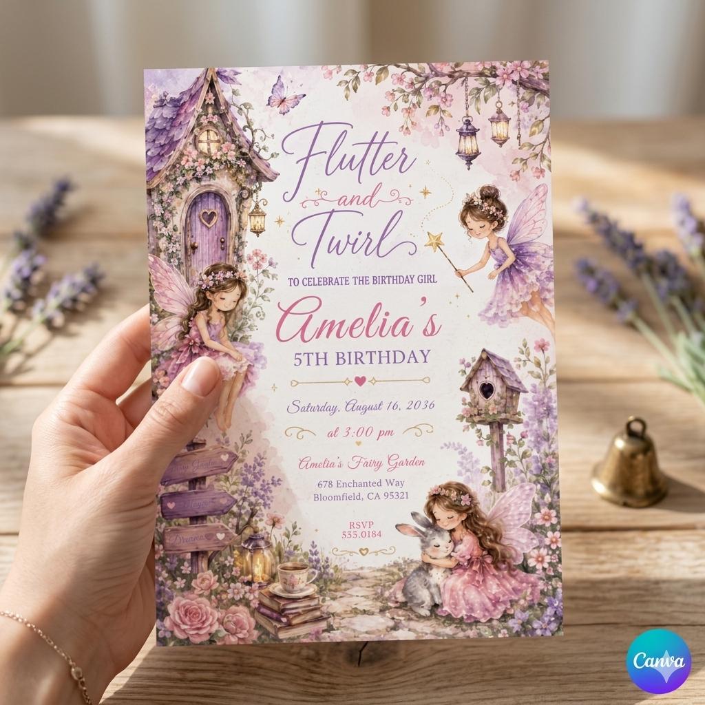 Editable Flutter and Twirl Little Fairy Birthday Invitation, Wildflower Fairy Birthday, Girl Pink Floral Fairy Birthday, Canva Template