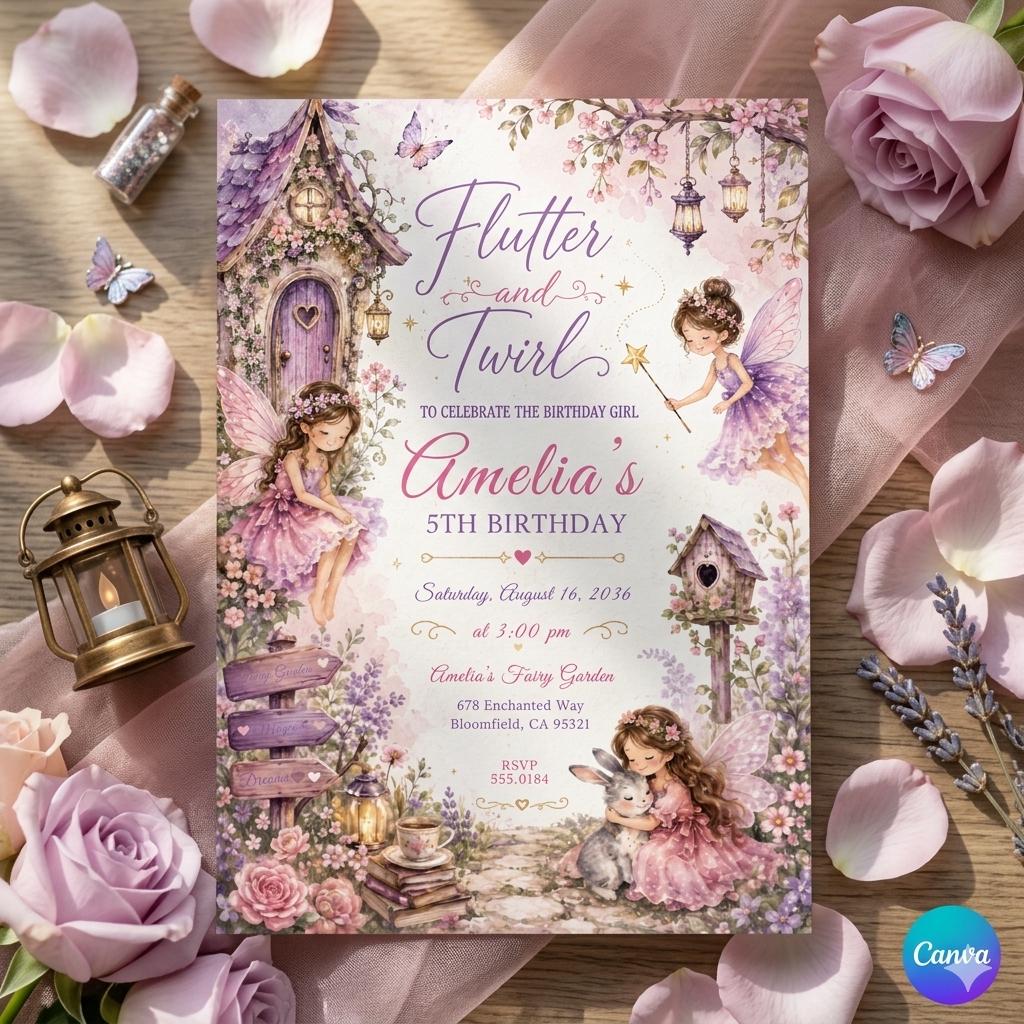Editable Flutter and Twirl Little Fairy Birthday Invitation, Wildflower Fairy Birthday, Girl Pink Floral Fairy Birthday, Canva Template