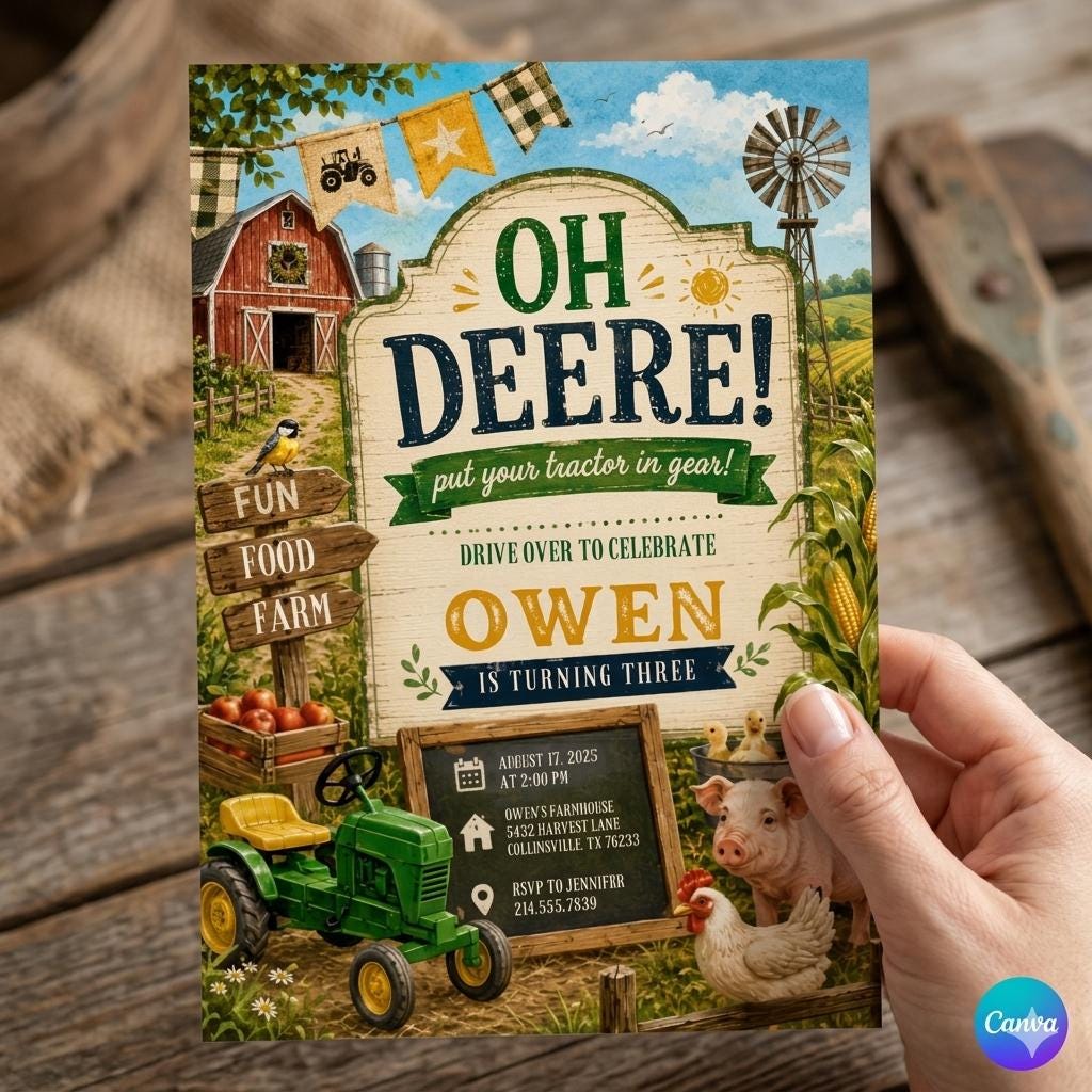 Editable Tractor Birthday Invitation, Green Tractor Ranch Party Invite For Boy Girl Printable Tractor Farm Kid Birthday Evite Canva Template