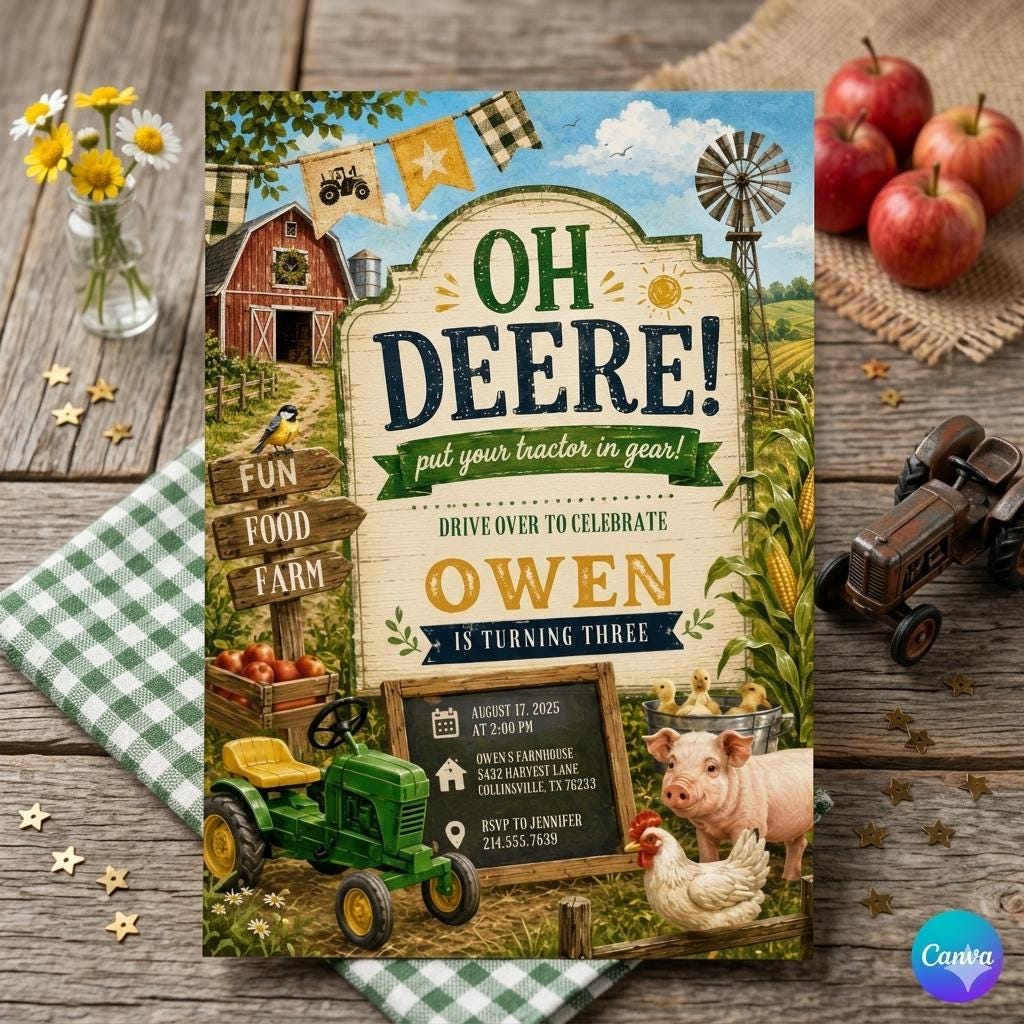 Editable Tractor Birthday Invitation, Green Tractor Ranch Party Invite For Boy Girl Printable Tractor Farm Kid Birthday Evite Canva Template