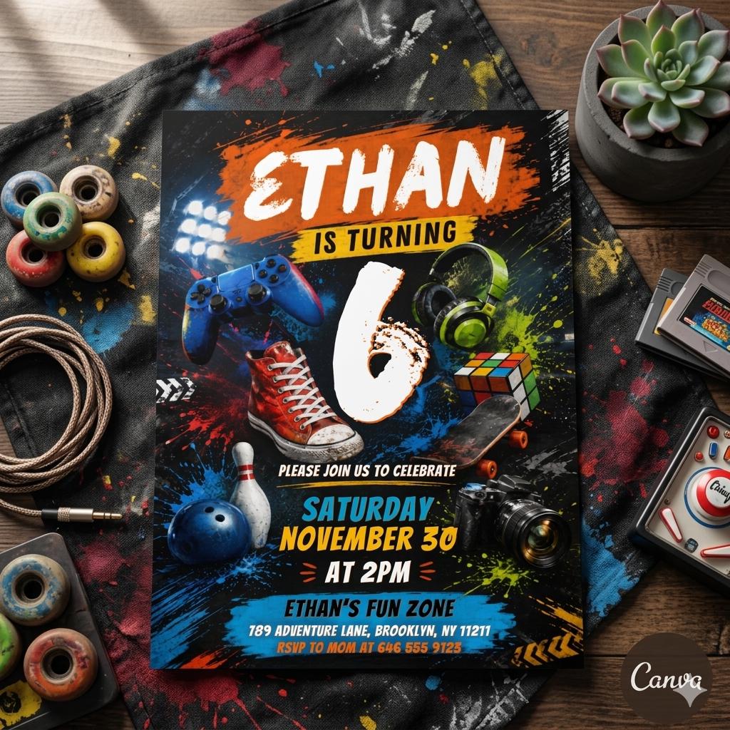 Sports Birthday Invitation, Editable Canva Template, Printable All-Star Party Invite, Multi-Sport Theme Birthday Card for Kids