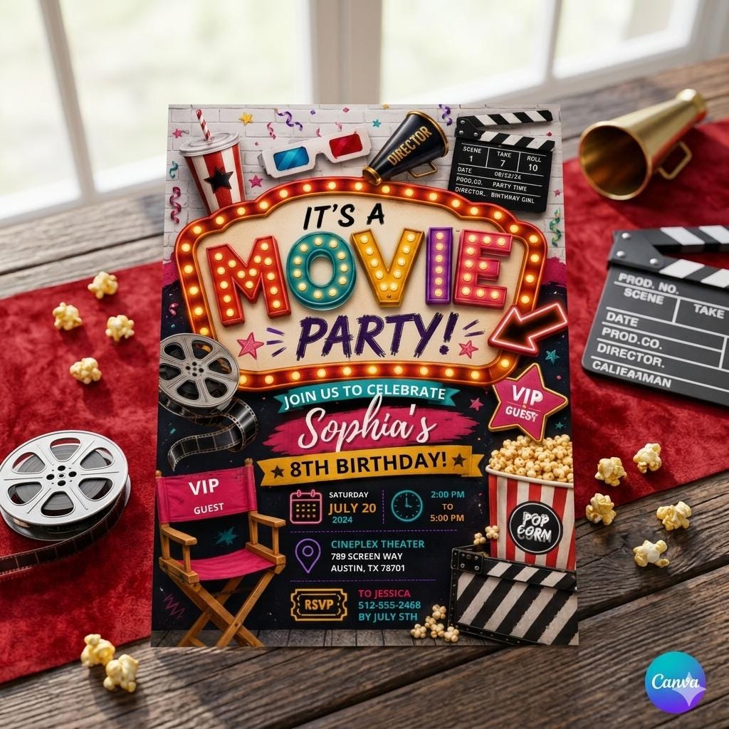 Movie Night Birthday Invitation, Movie Party Invitation, Cinema Invitation, Backyard Movie Night Birthday Birthday Invite, Editable Canva