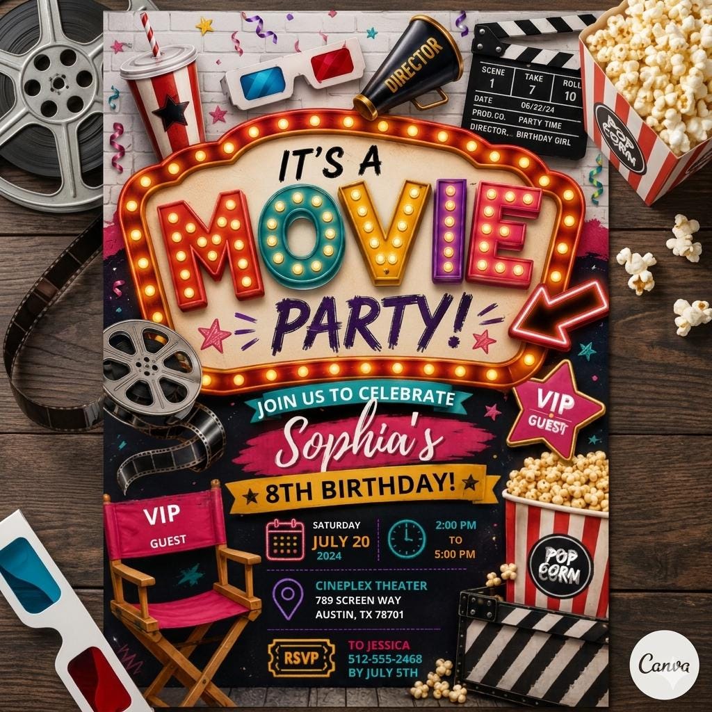 Movie Night Birthday Invitation, Movie Party Invitation, Cinema Invitation, Backyard Movie Night Birthday Birthday Invite, Editable Canva