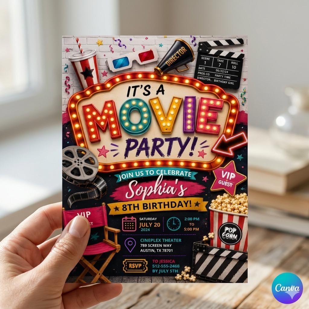 Movie Night Birthday Invitation, Movie Party Invitation, Cinema Invitation, Backyard Movie Night Birthday Birthday Invite, Editable Canva