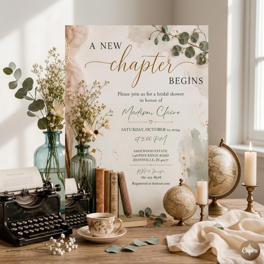 A New Chapter Begins Baby Shower Invitation, Storybook Baby Shower Invite, Gender Neutral, Bridal Shower Invitation, Editable Canva Template