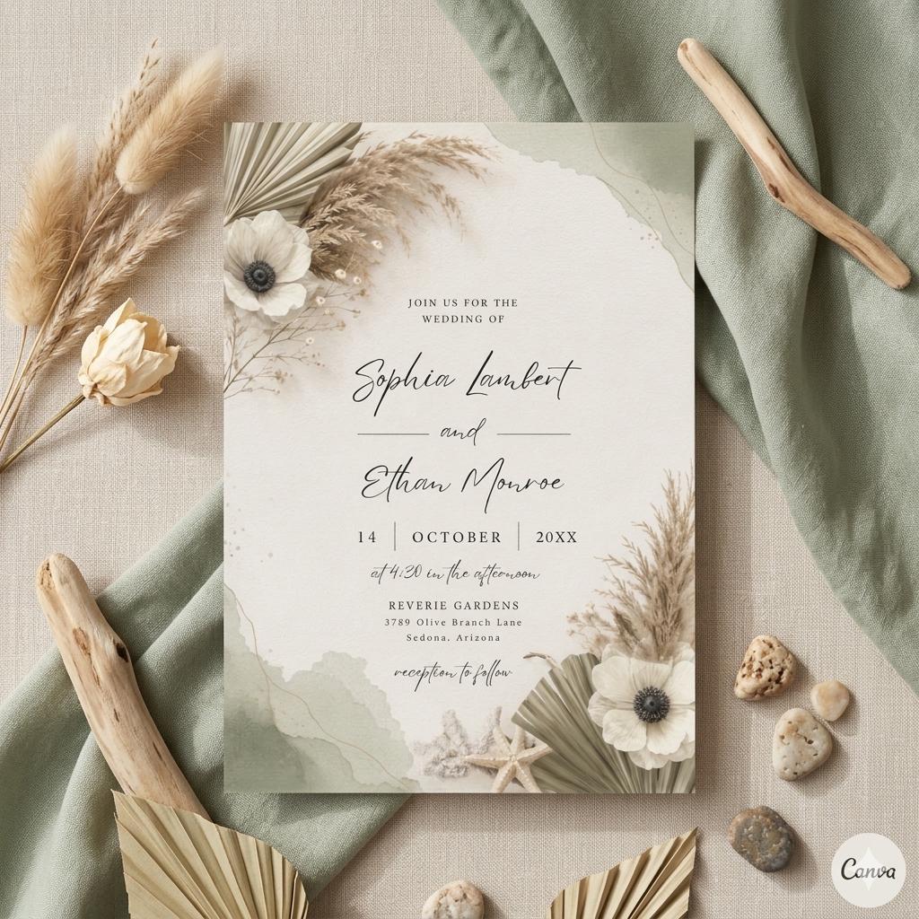 Boho Wedding Invitation, Rustic Fall Photo Invite, Cream Canva Template (Digital Download)