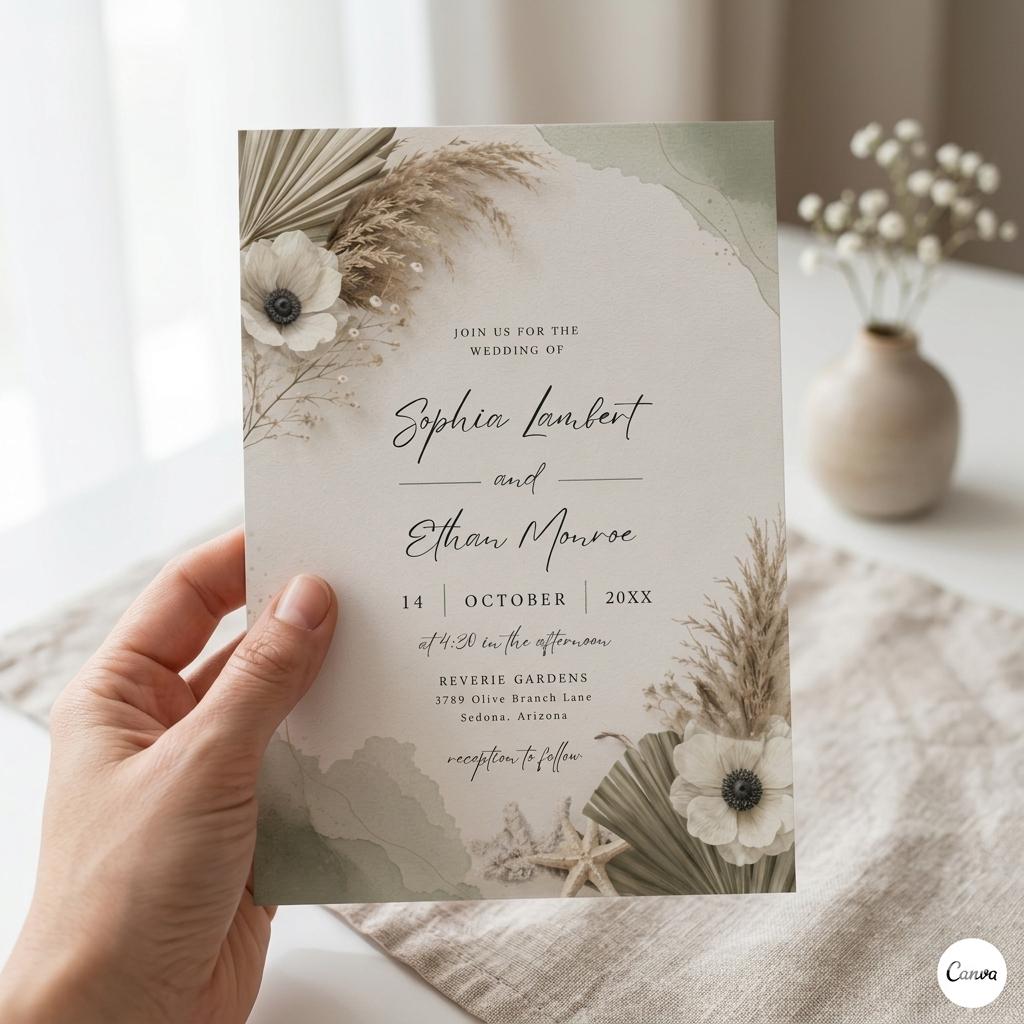 Boho Wedding Invitation, Rustic Fall Photo Invite, Cream Canva Template (Digital Download)