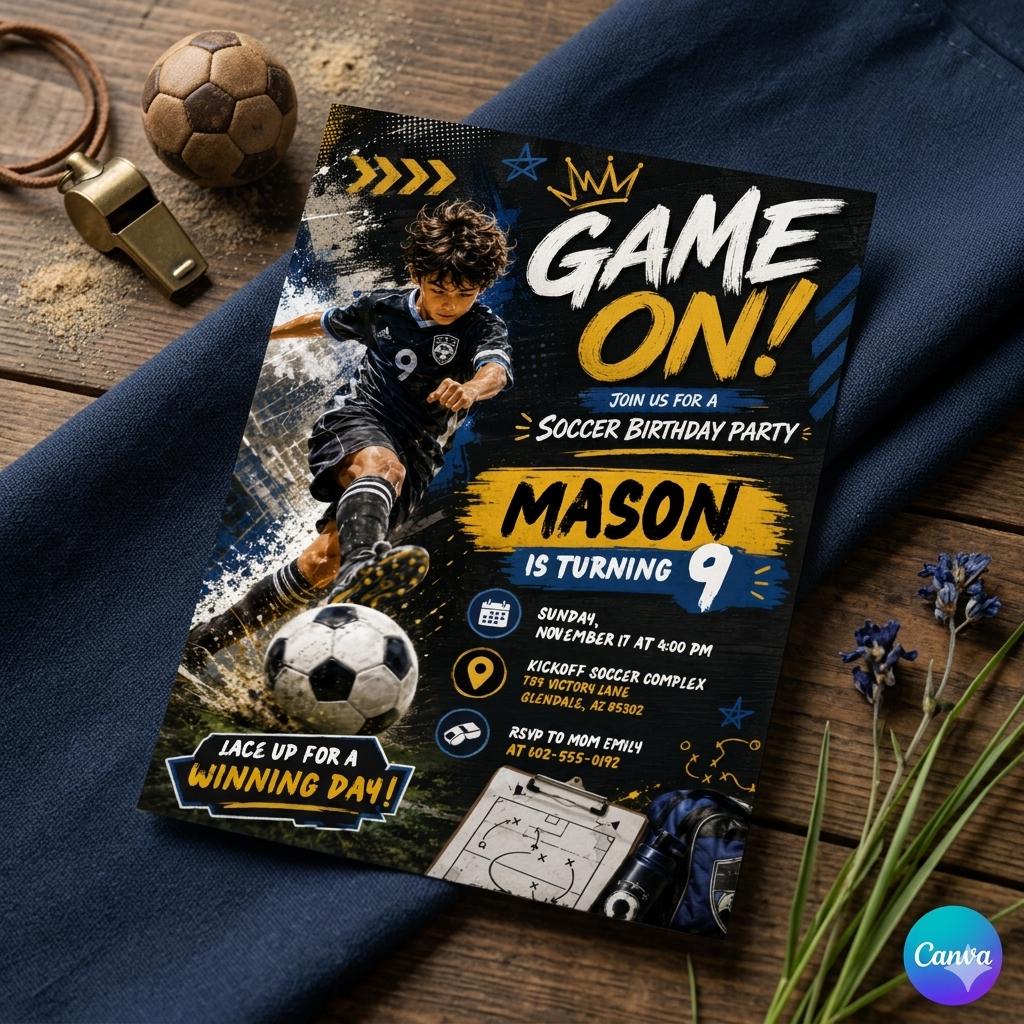 Soccer Birthday Invitation Card, Sports Party Invite, GOAL Editable Canva Template, Boys Girls Outdoor Theme Birthday Evite, Canva Template