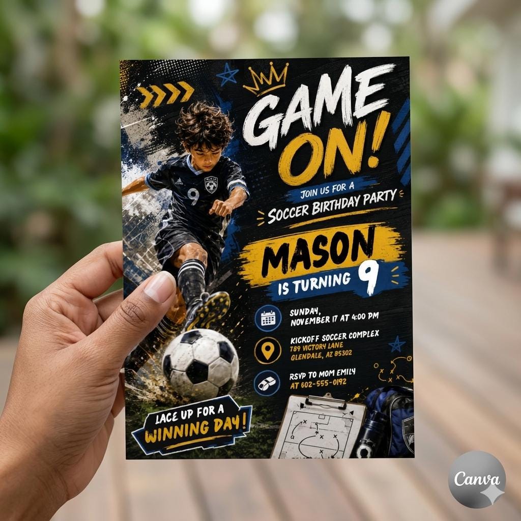 Soccer Birthday Invitation Card, Sports Party Invite, GOAL Editable Canva Template, Boys Girls Outdoor Theme Birthday Evite, Canva Template