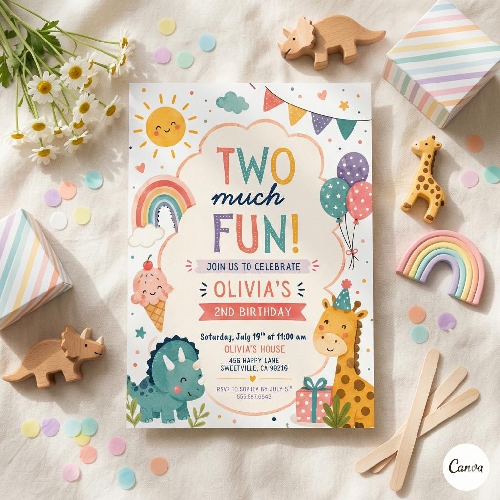 Two Much Fun Birthday Invite, Colorful 2nd Birthday Template, Editable Girl Party Invite, Watercolor, Gingham, Rainbow, Canva Template