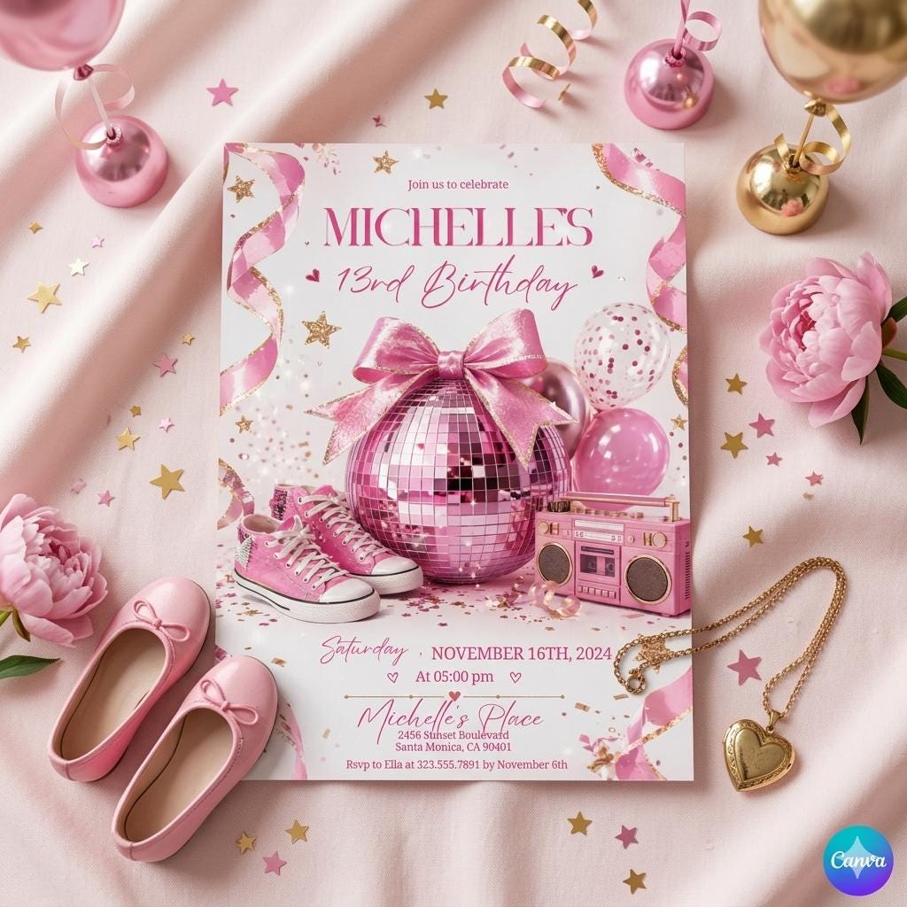 Disco 13th Birthday Invitation Girl, Disco Ball Invite Template for 13 Birthday Party, Pink Bow Disco Ball Theme, Editable Canva Template