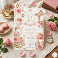 tEditable Tea For Three Birthday Invitation Tea For Three 3rd Birthday Party Pink Gold Floral Whimsical Tea Party, Canva Template