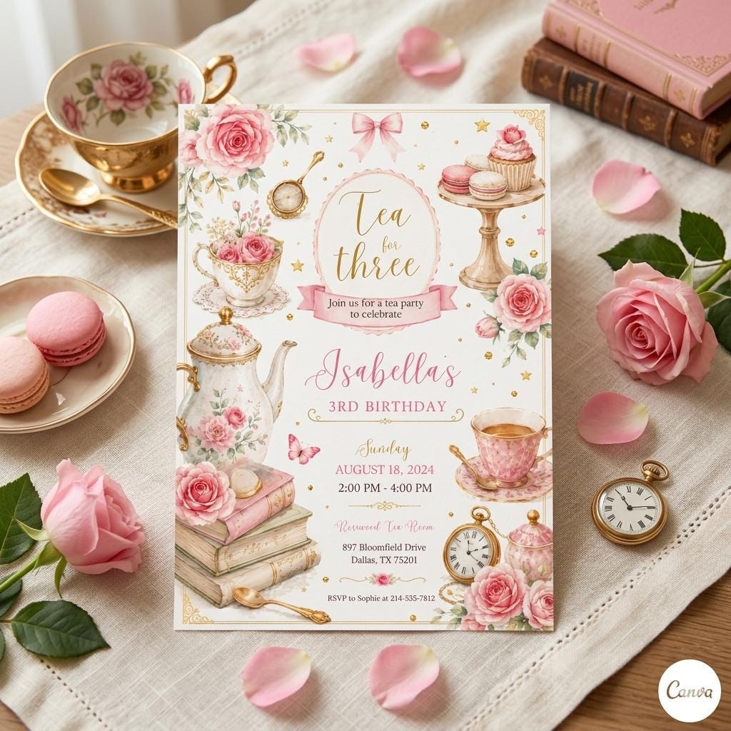 tEditable Tea For Three Birthday Invitation Tea For Three 3rd Birthday Party Pink Gold Floral Whimsical Tea Party, Canva Template