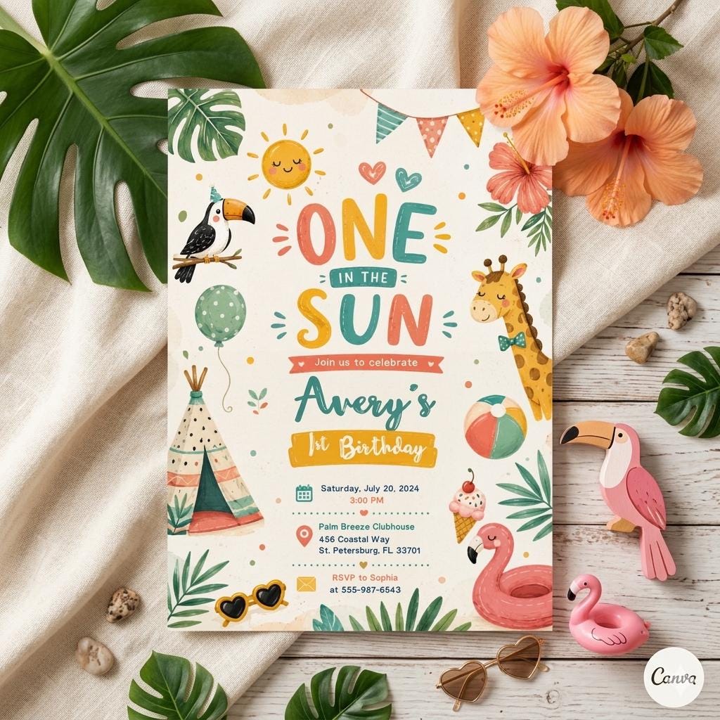One In The Sun 1st Birthday Pool Party Editable Invitation Summer, Tropical Swimming Splash Pad Party, Editable Canva Invitation Template