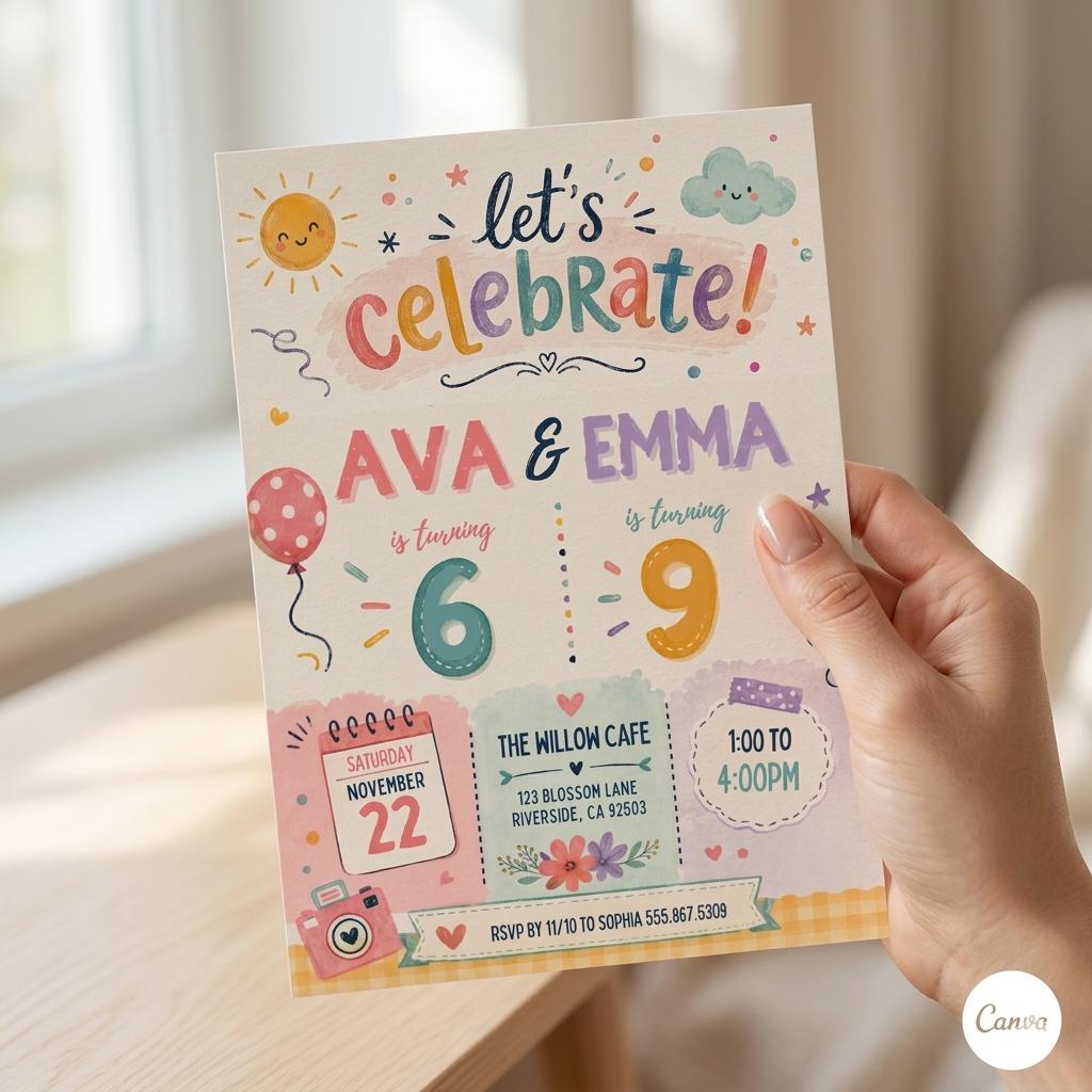 Joint Birthday Invitation, Double Celebration Joint Birthday Invitation Editable Sibling Party Editable Template (Digital Download)