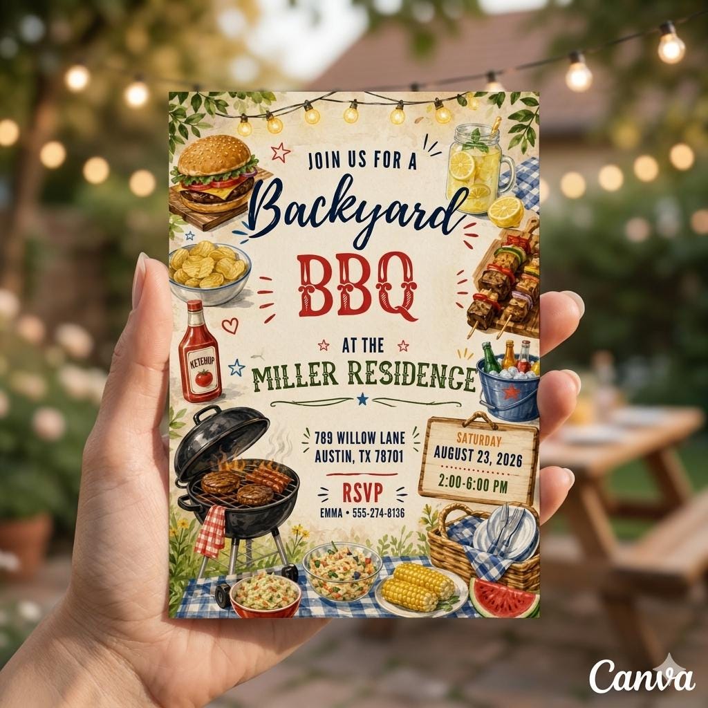 BBQ Birthday Invitation, BBQ Birthday Party ,Barbecue Grill and Chill Invite, BBQ Red Gingham Backyard Party, Editable, Canva