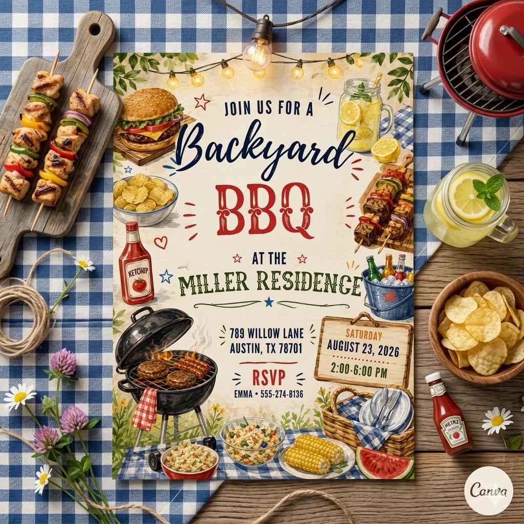 BBQ Birthday Invitation, BBQ Birthday Party ,Barbecue Grill and Chill Invite, BBQ Red Gingham Backyard Party, Editable, Canva