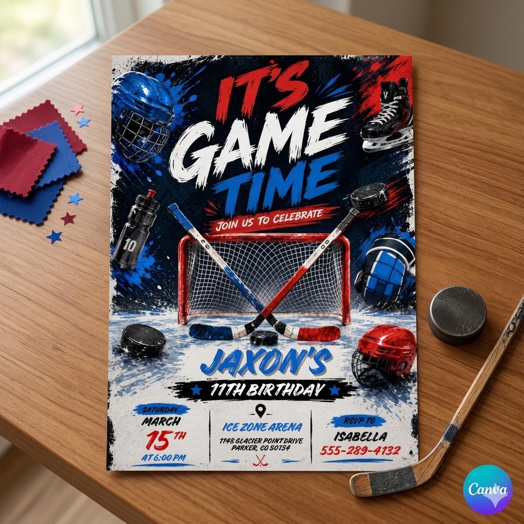 Ice Hockey Birthday Invitation Template, Its Game Time Hockey Stadium Party Invite Boy, Editable Neon Hockey Canva Instant Download