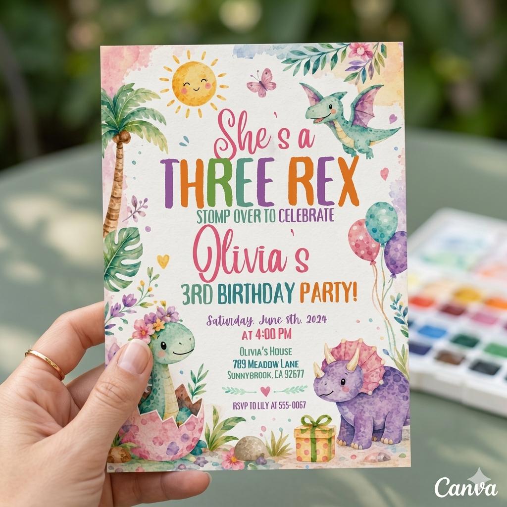 Three Rex Birthday Dinosaur Birthday, T Rex Invite, Pastel Dinosaur Birthday Invitation Three Rex 3rd Birthday , Editable Canva Template