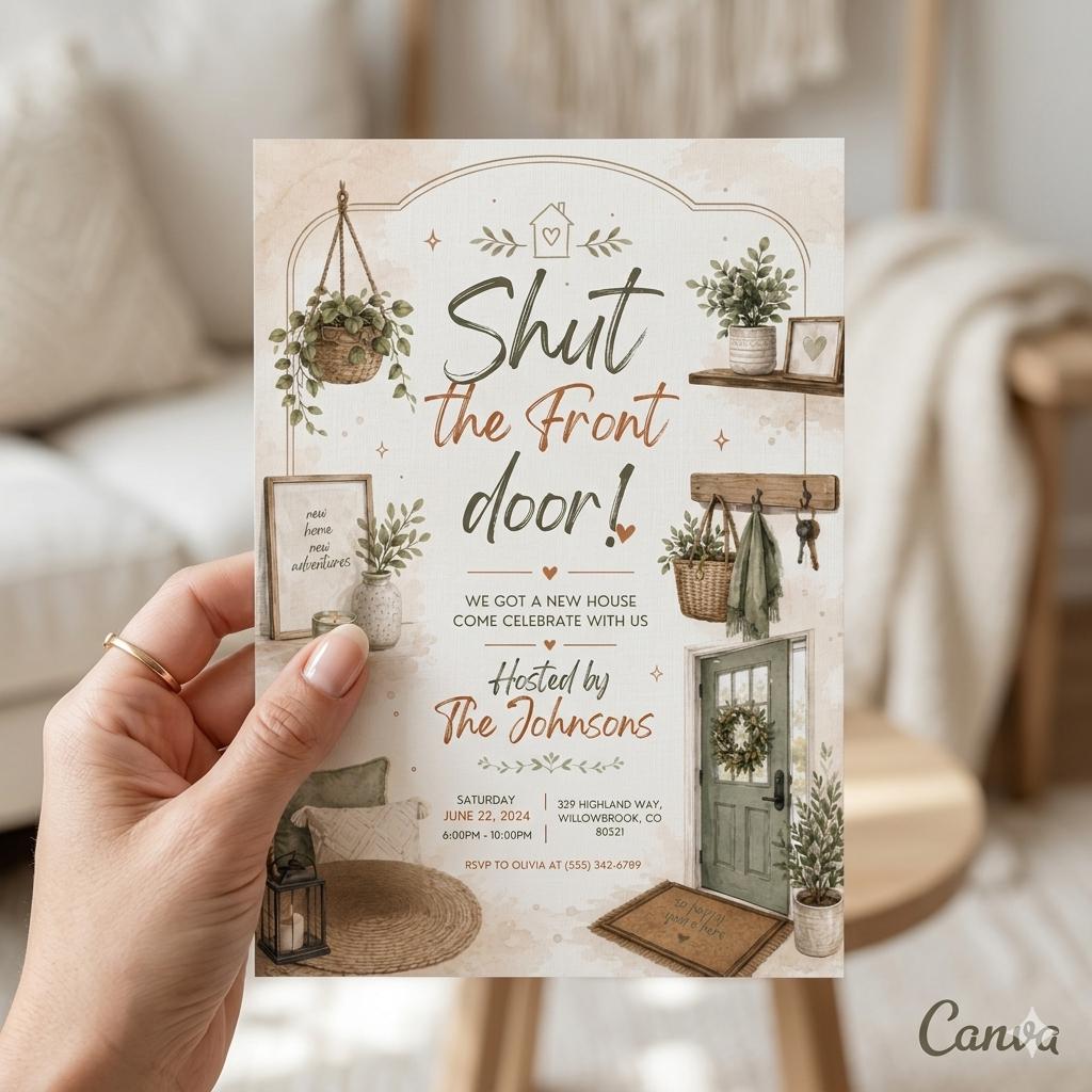 House Warming Invitation, Housewarming Invitation, Housewarming Party Invite, Modern Minimalistic, Shut The Front Door, Editable Canva
