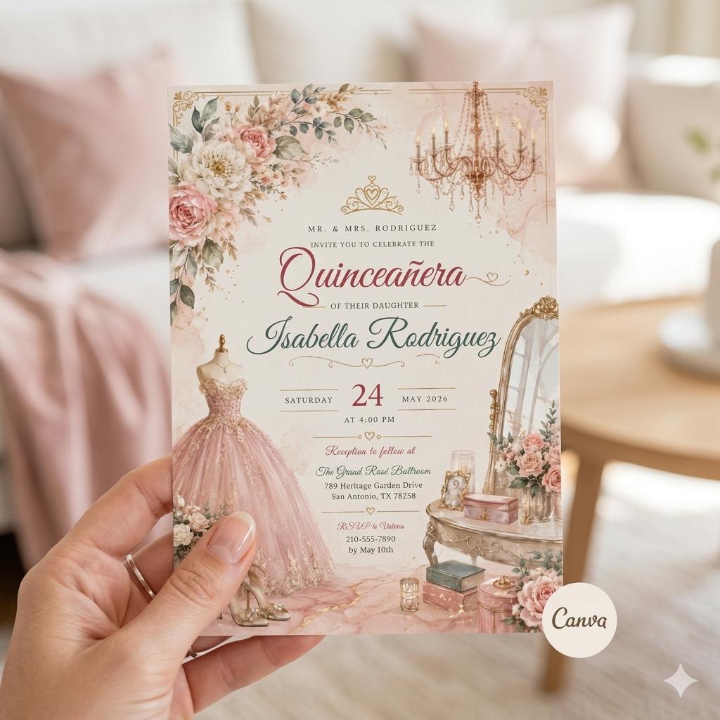 Editable Quinceañera Invitation Template: Pink Floral Ball Gown Design (Digital Download)