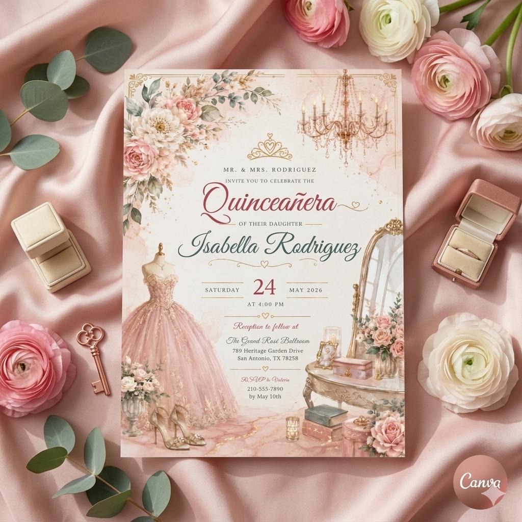 Editable Quinceañera Invitation Template: Pink Floral Ball Gown Design (Digital Download)