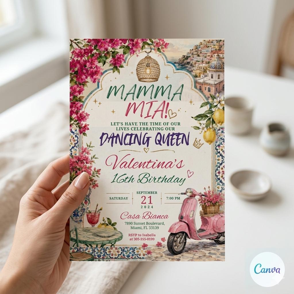 Mamma Mia Birthday Invitation Editable Canva Template, Disco Dancing Queen Party Invite, Blue Tile Italian Inspired Sweet 17 Celebration