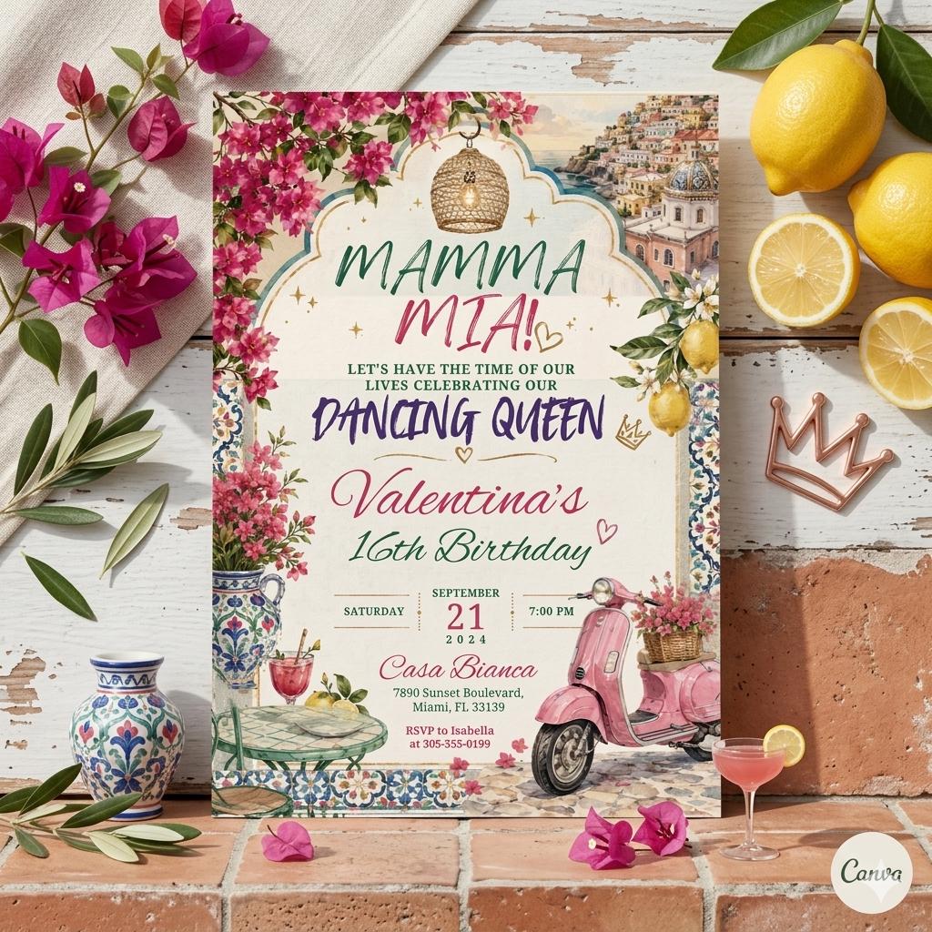 Mamma Mia Birthday Invitation Editable Canva Template, Disco Dancing Queen Party Invite, Blue Tile Italian Inspired Sweet 17 Celebration