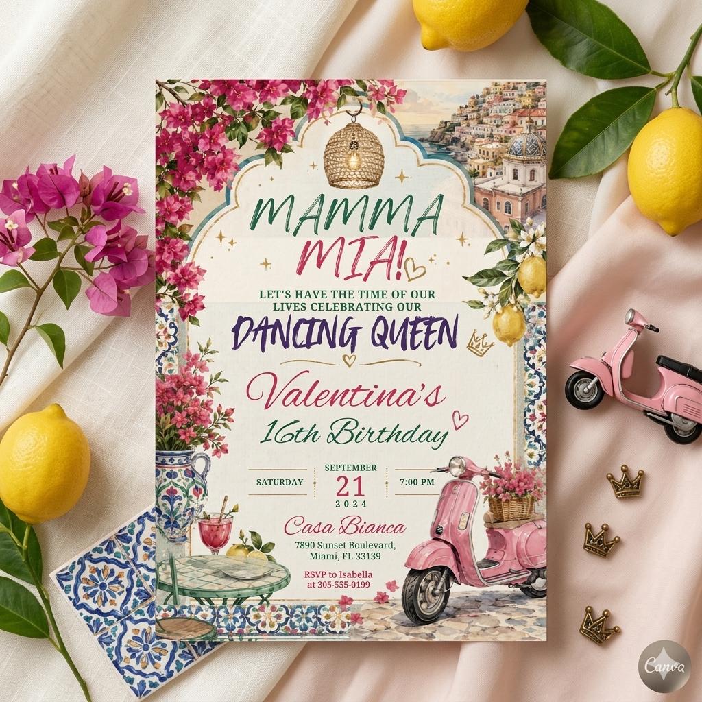 Mamma Mia Birthday Invitation Editable Canva Template, Disco Dancing Queen Party Invite, Blue Tile Italian Inspired Sweet 17 Celebration